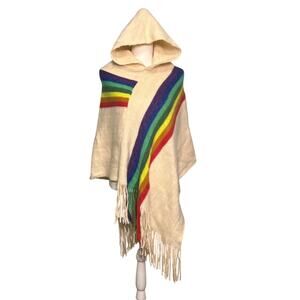 Vintage Style Rainbow Knit Poncho Sweater Pullover Hoodie Fringe Pride Festival